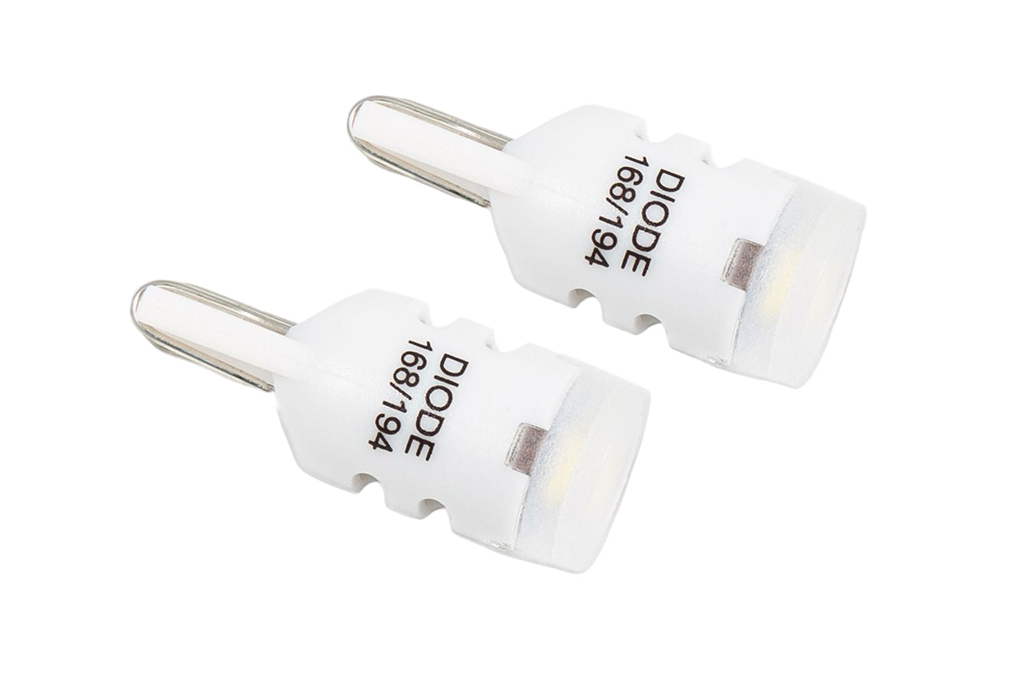 A pair of white LED license plate bulbs with 'DIODE 168' and '194' printed on the base.