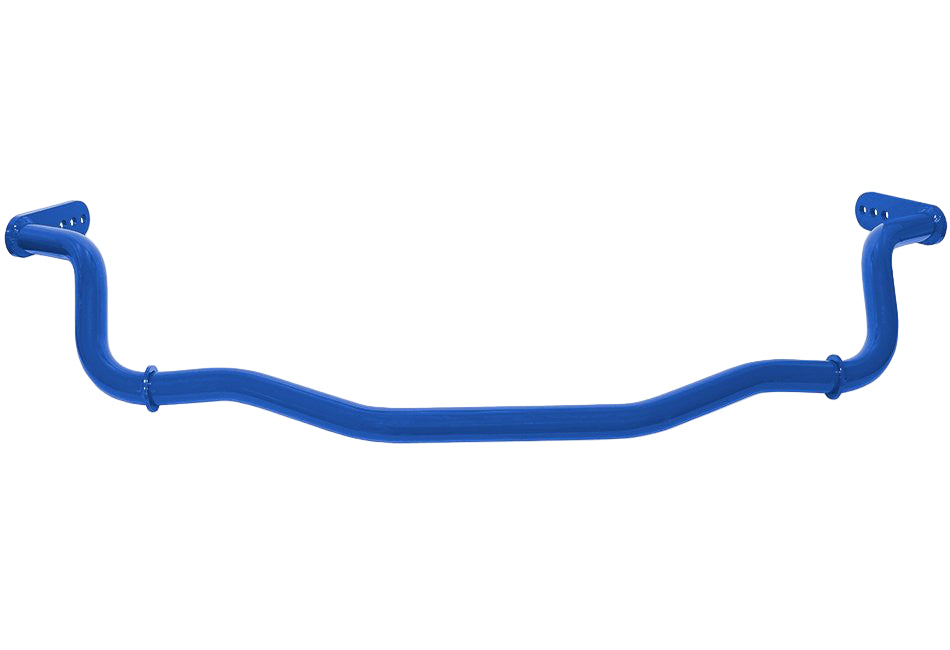 Blue Steeda front adjustable anti roll bar for a 2015+ Mustang, displayed on a white background.