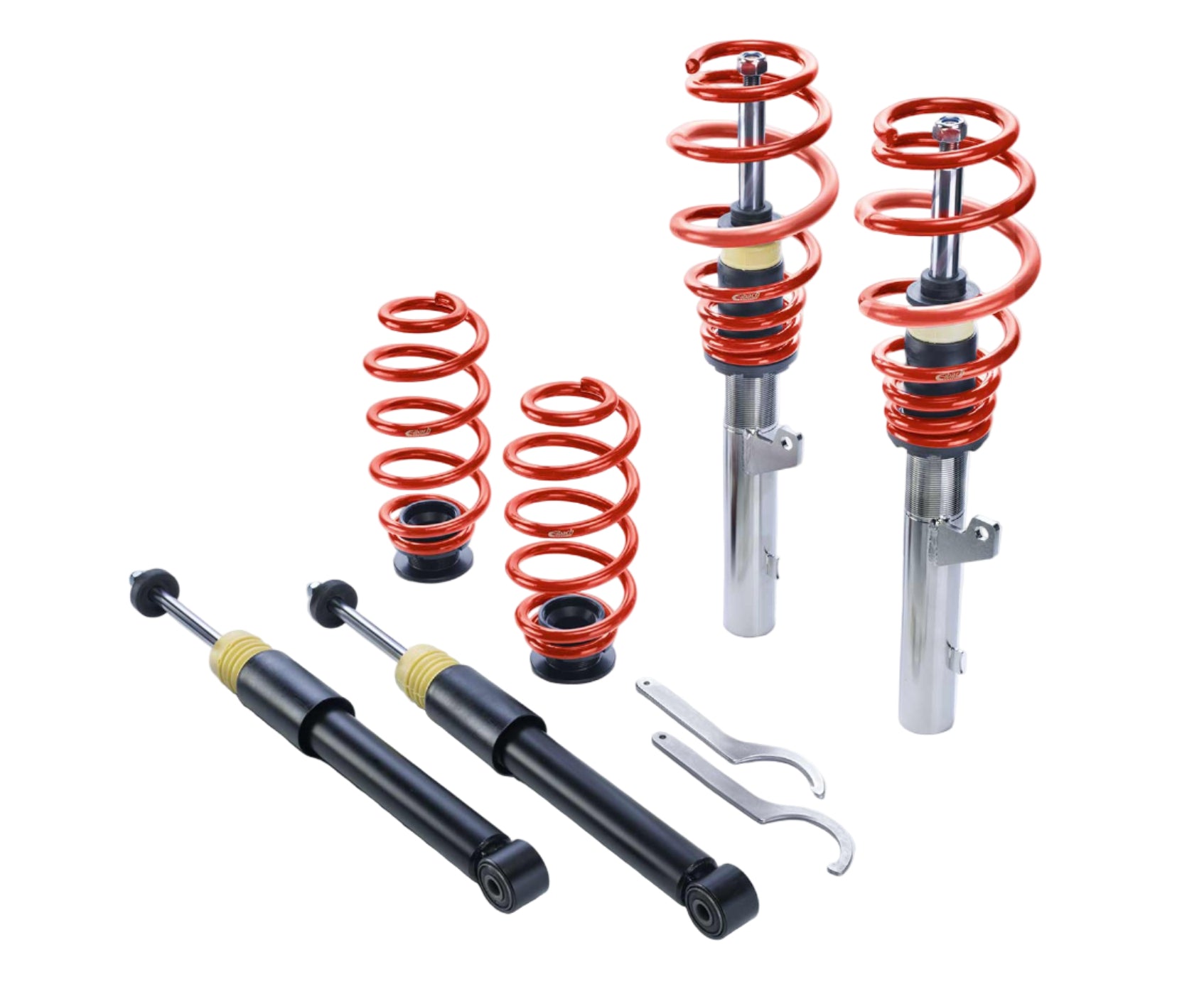An image showing Eibach Pro-Street S Coilover Kit, including black and red coil springs, adjustable ride height components, and height adjust tools