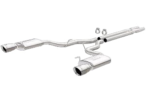 Stainless steel cat-back exhaust system with dual split rear and polished stainless steel tips.