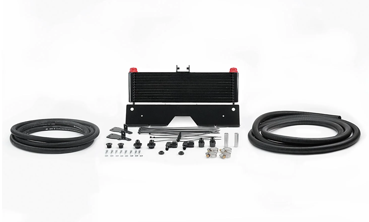 Oil cooler kit for Ford Ranger Raptor V6 with hoses and mounting hardware on a white background