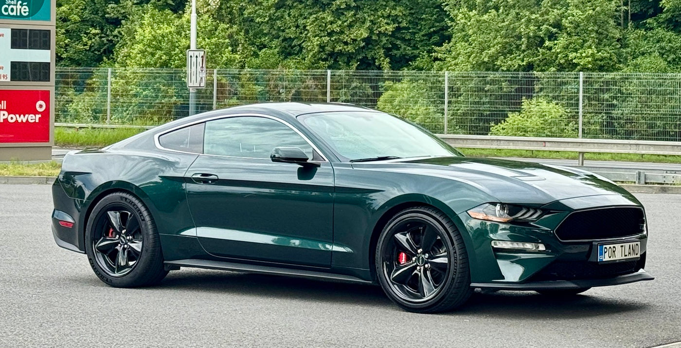 Green Ford Mustang Bullitt with gloss black Steeda 20" Mulholland wheels fitted