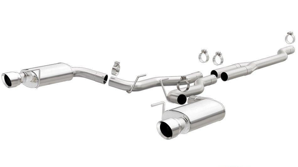 Stainless steel Magnaflow cat-back exhaust system for a Mustang, including a central muffler and exhaust pipes with clamps.