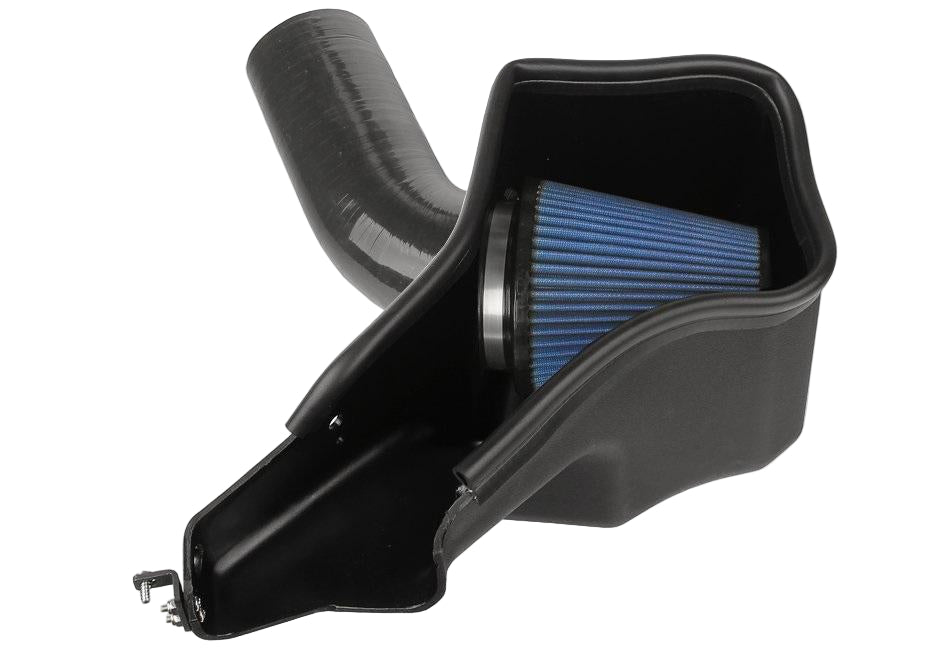 A black Steeda Focus ST cold air intake system with a blue air filter visible.