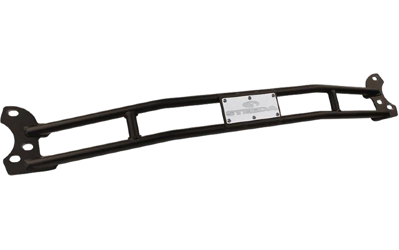 A black Steeda Mustang Strut Tower Brace made from chrome-moly steel, designed to improve vehicle handling and chassis stiffness.