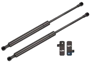 A set of black metal hood struts and mounting hardware for a 2015-2023 Mustang, branded by Steeda.