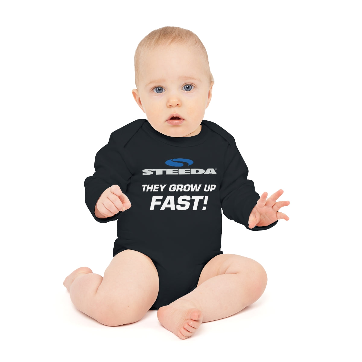 Steeda "They Grow Up Fast!" Baby Organic Bodysuit - White / Black