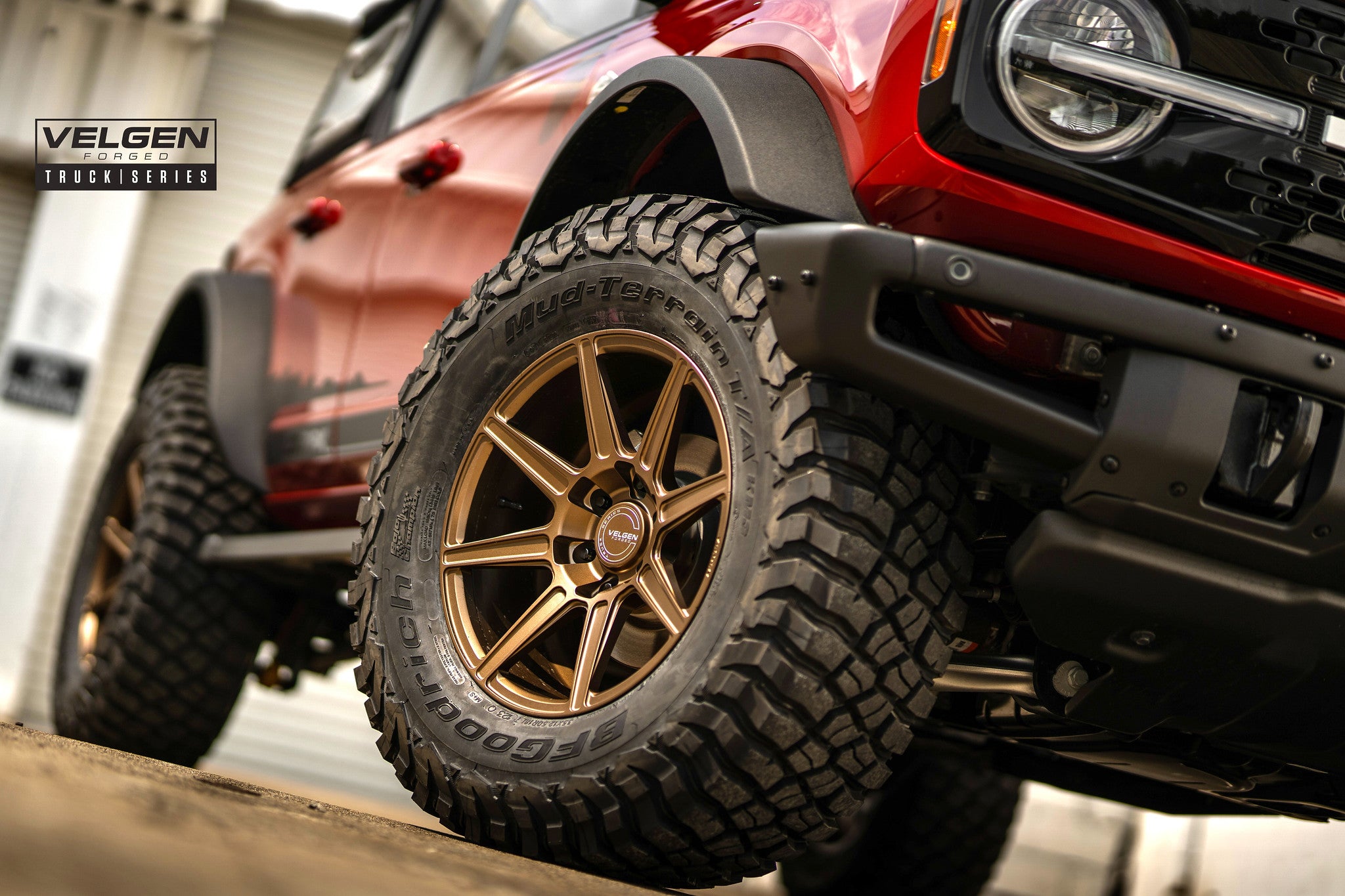 Velgen VFT8 18x9" alloy wheels 8 spoke truck forged wheels in satin bronze on Ford Bronco 2021 - close up