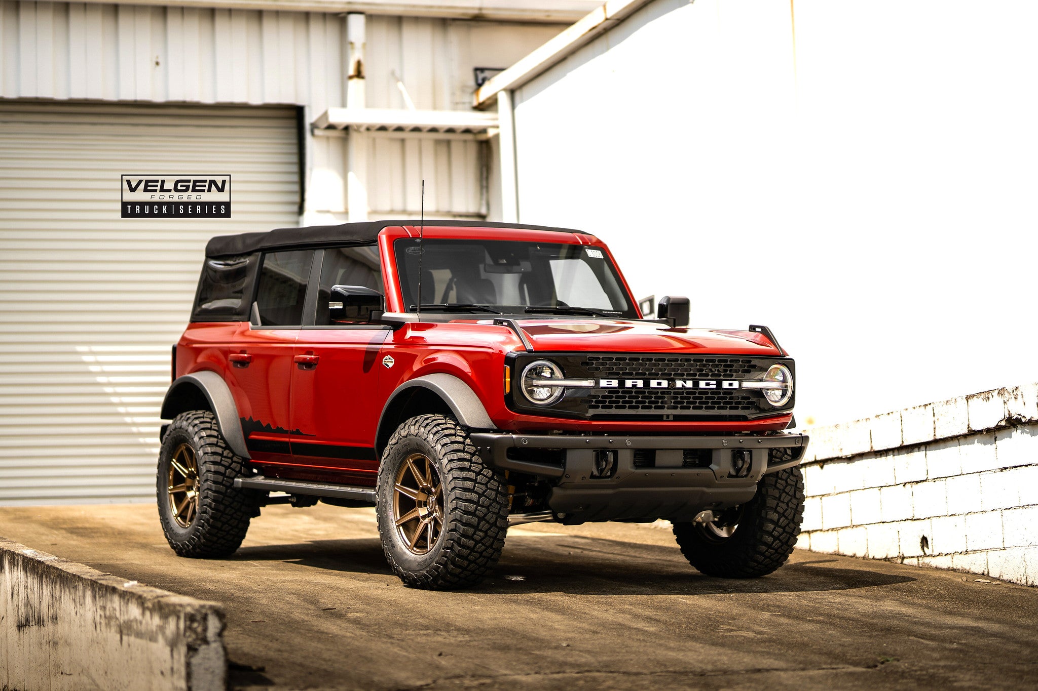 Velgen VFT8 18x9" alloy wheels 8 spoke truck forged wheels in satin bronze on Ford Bronco 2021 - three quarter shot