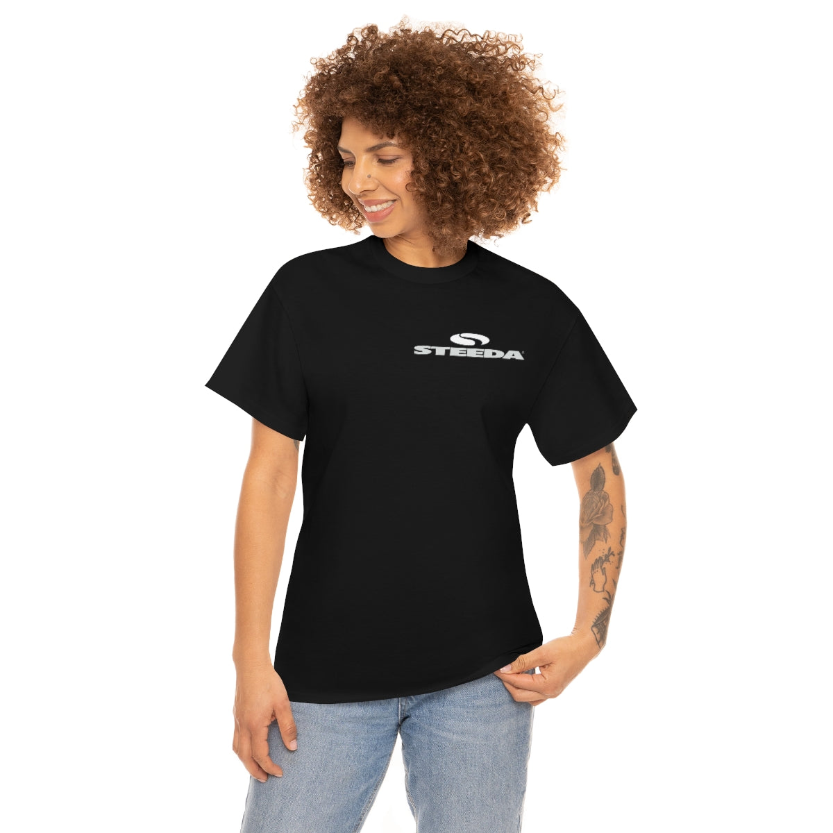 Steeda „Mustang Silhouette“ Unisex-T-Shirt aus schwerer Baumwolle in Schwarz – Design vorne und hinten