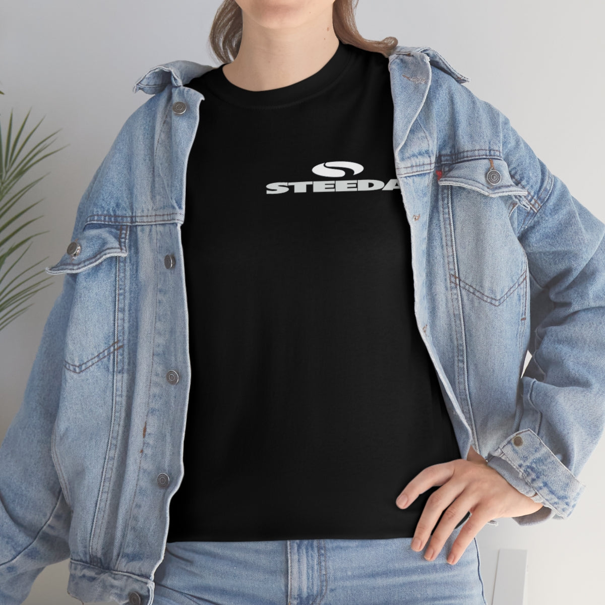 Steeda „Mustang Silhouette“ Unisex-T-Shirt aus schwerer Baumwolle in Schwarz – Design vorne und hinten