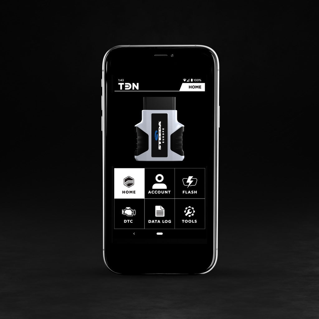 Smartphone displaying HP Tuners Steeda Mustang tuning  app interface with icons on a black background