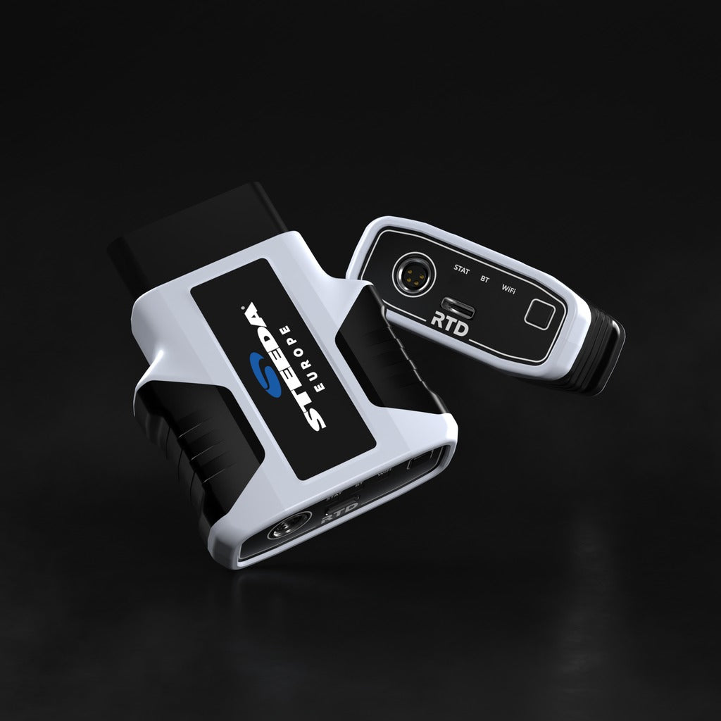 A black and silver HP Tuners OBD2 Tuner  adapter (RTD)  shown on a dark reflective background.