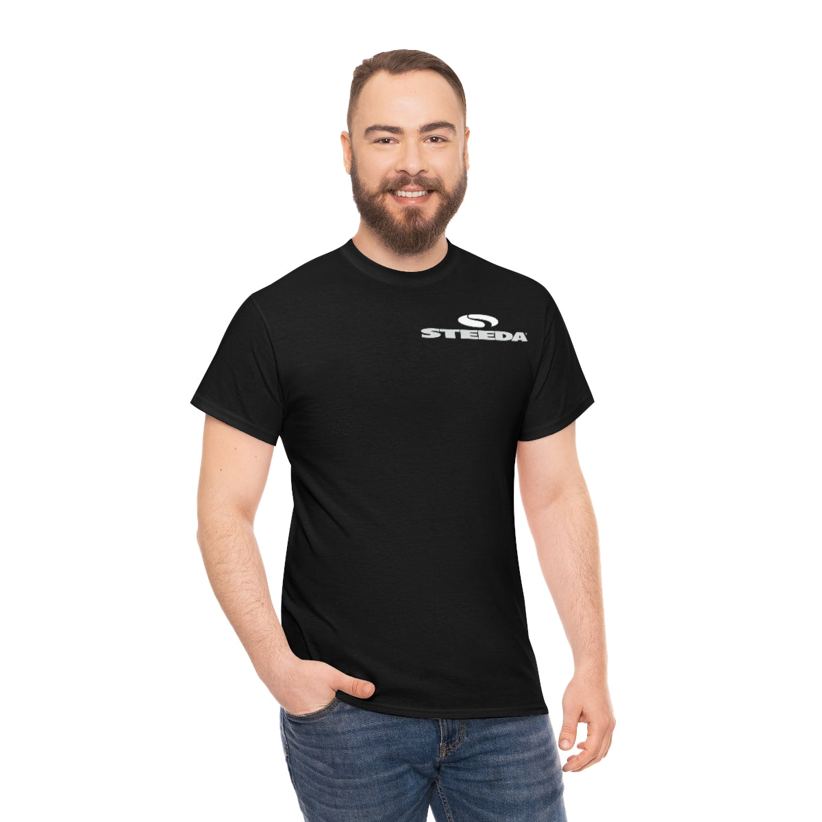 Steeda "Mustang Silhouette" Schwarzes Baumwoll-T-Shirt - Design vorne und hinten